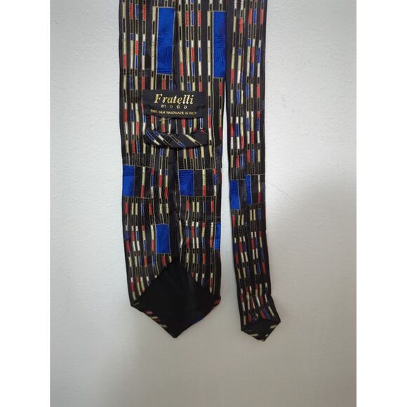 Fratelli Moda Mens Necktie Abstract Black Multicolor Stripe 100% Silk Italy - Picture 3 of 6